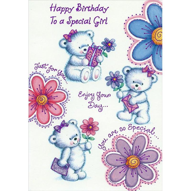 3 Bears Holding Flowers, Gift and Letters Juvenile : Kids Birthday Card for Young Girl