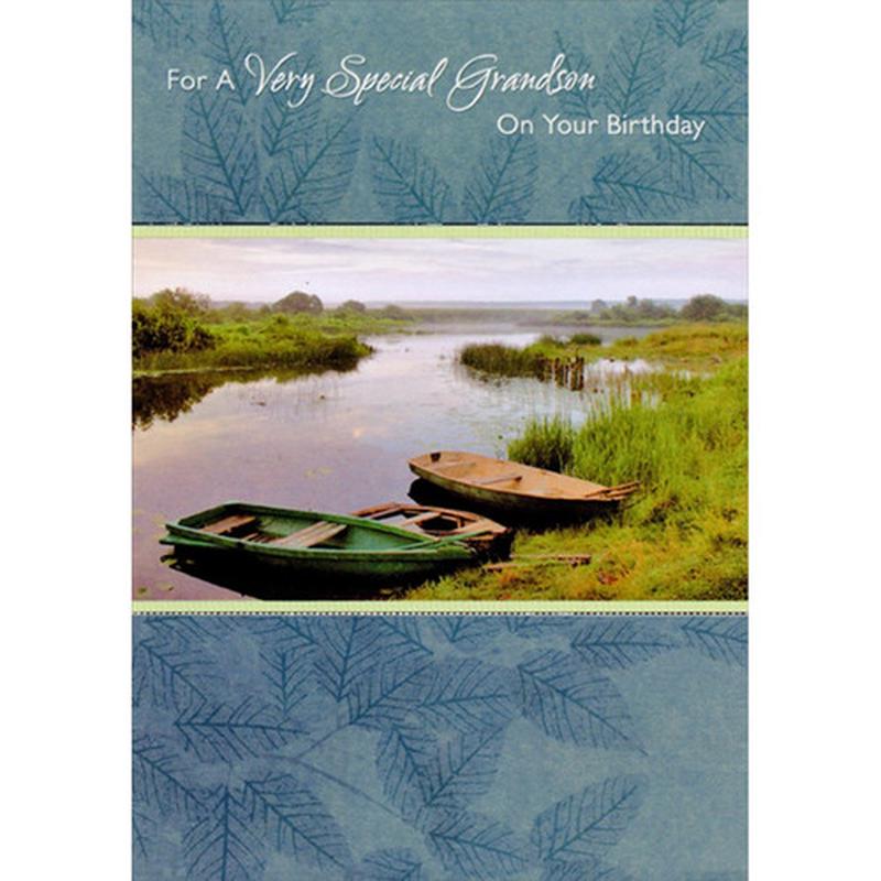 3 Rowboats on Shore of Creek Birthday Card for Grandson