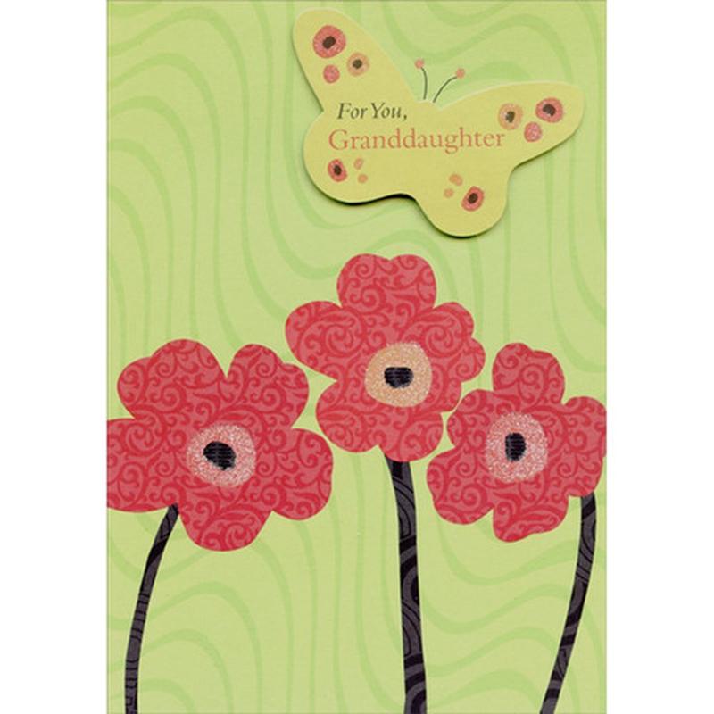3 Red Flowers and Tip On Die Cut Green Butterfly Birthday Card for Granddaughter