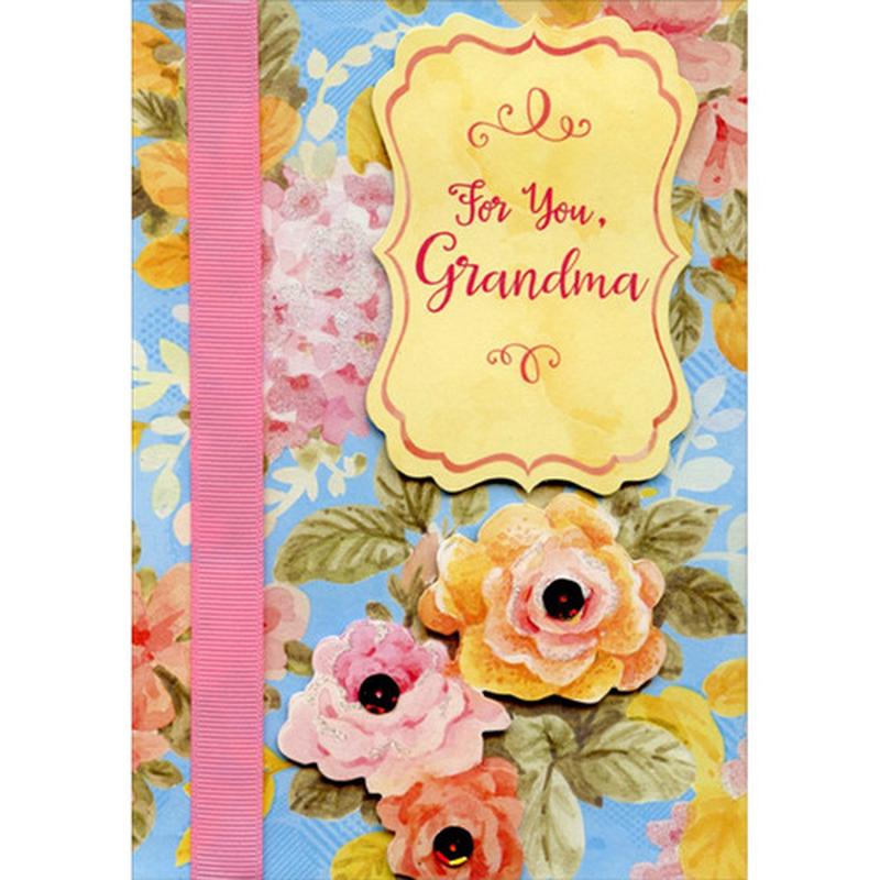 3 Tip On 3D Flowers with Sequins, Banner and Pink Vertical Ribbon Hand Decorated Designer Boutique Keepsake Birthday Card for Grandma