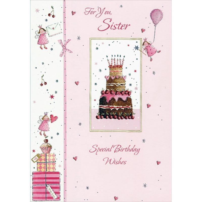 3 Tiered Cake and 3 Tiny Fairies with Balloon, Envelope and Heart Birthday Card for Sister