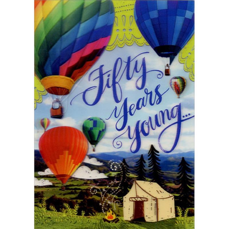 3D Hot Air Balloons Lenticular Motion Age 50 / 50th Birthday Card