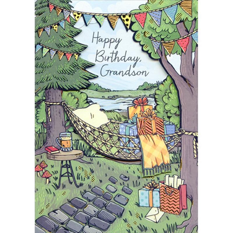 3D Tip On Hammock with Die Cut Window Between Trees Z-Fold Hand Decorated Grandson Birthday Card