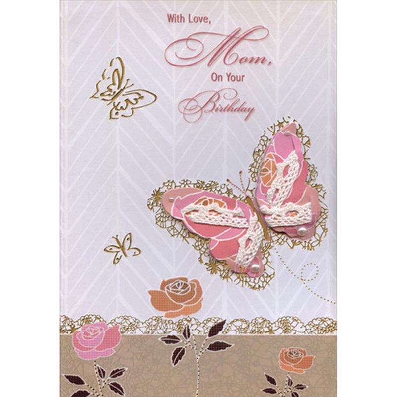 3D Tip On Pink Butterfly with White Fabric Hand Decorated Designer Boutique Keepsake Birthday Card for Mom