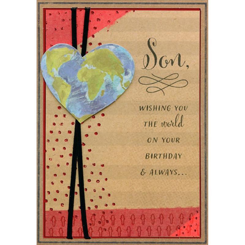 3D Tip On Earth Over Black Ribbons Hand Decorated Designer Boutique Keepsake Birthday Card for Son