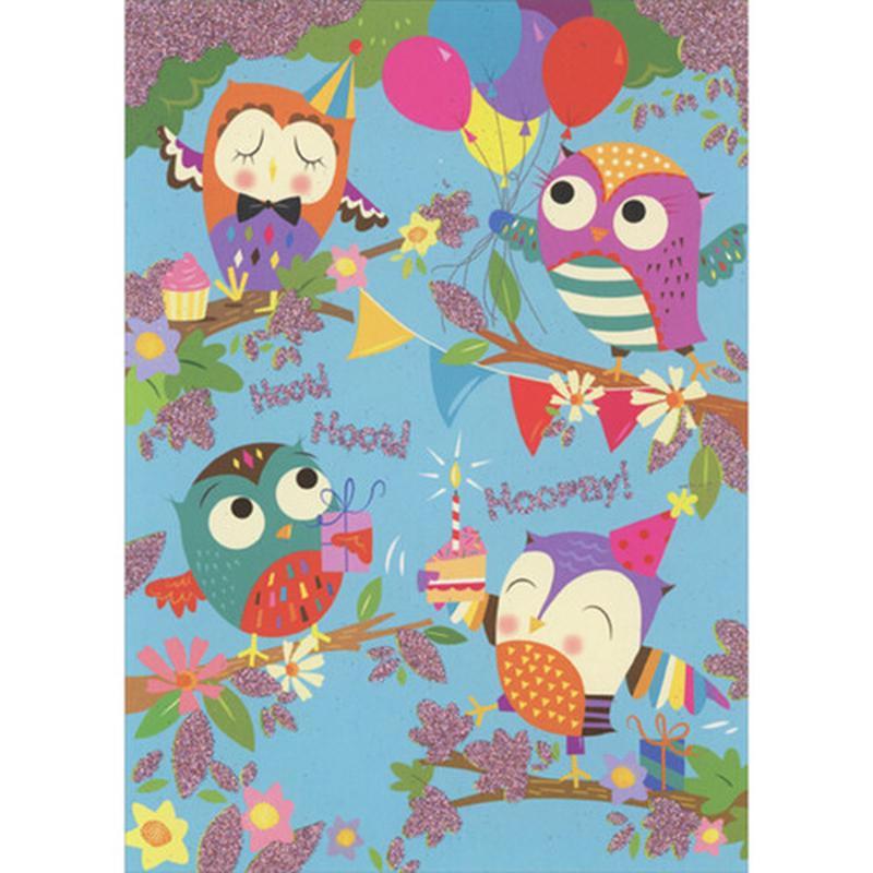 4 Cute Owls with Balloons, Cake and Present Juvenile Birthday Card for Kids : Children