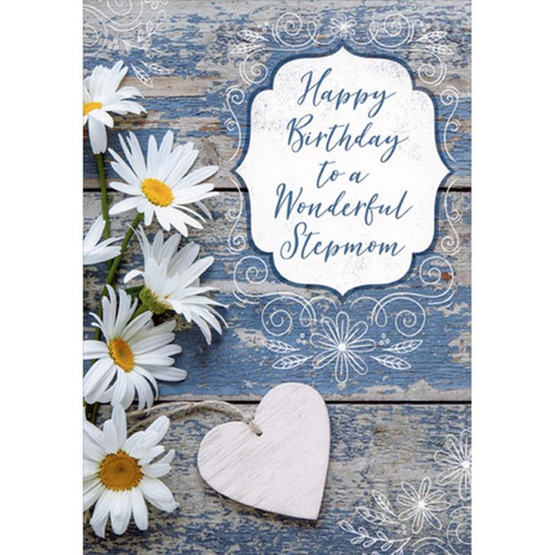 5 Daisies and Wooden Heart Birthday Card for Stepmom