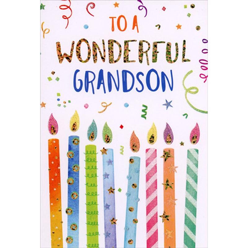 8 Candles with Multicolor Foil Flames and Confetti Birthday Card for Grandson