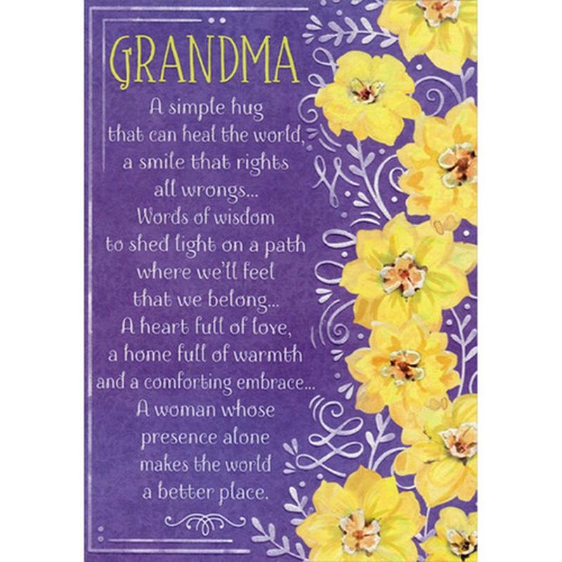 A Simple Hug: Yellow Flowers on Purple Birthday Card for Grandma