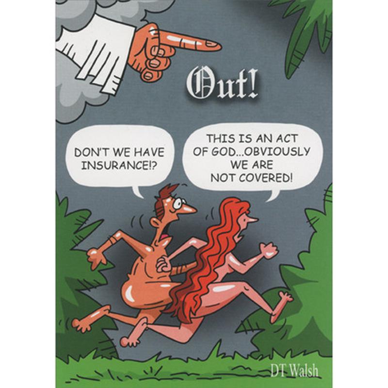 Adam and Eve Running from Eden: Don\'t We Have Insurance Funny / Humorous Birthday Card