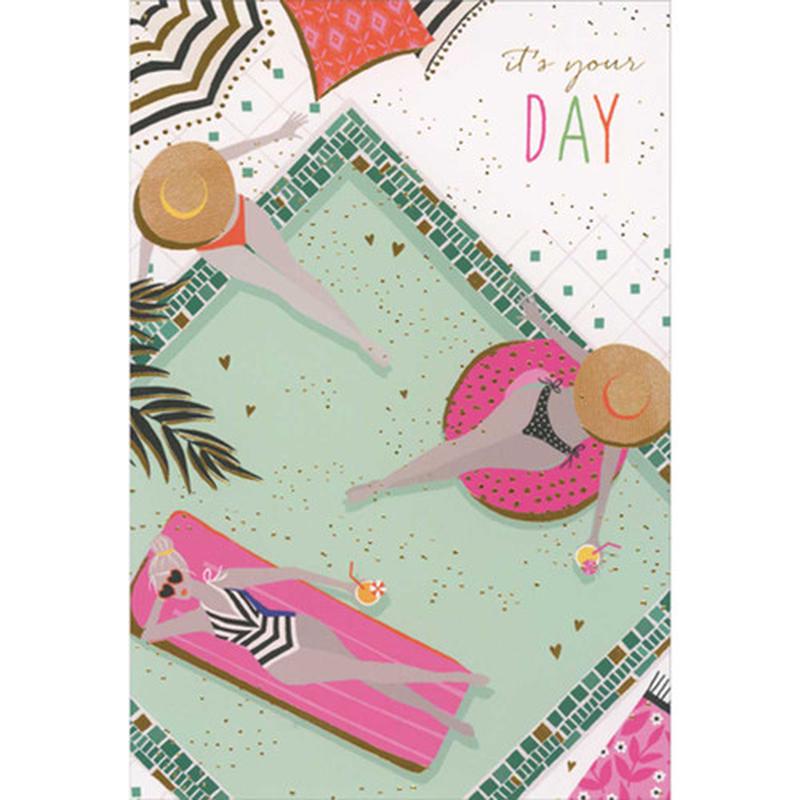 Aerial View of Three Women in Green Tile Bordered Pool Feminine Birthday Card