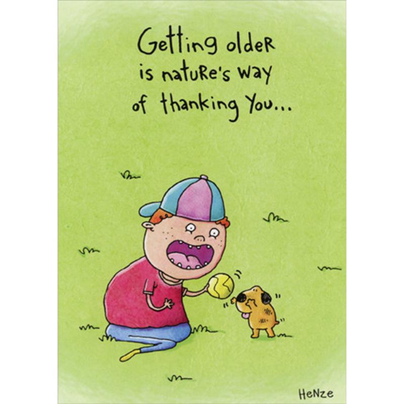 Young Boy and Dog Playing with Yellow Ball: Nature\'s Way of Thanking You Funny / Humorous Masculine Birthday Card for Him : Man