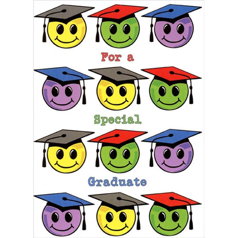 12 Yellow, Green, and Purple Smiley Faces in Caps Graduation Congratulations Card