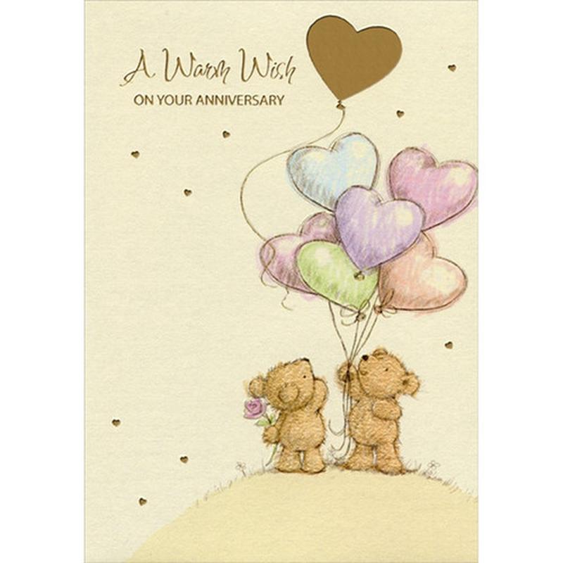 2 Bears Holding Heart Balloons on Shimmering Paper Anniversary Congratulations Card