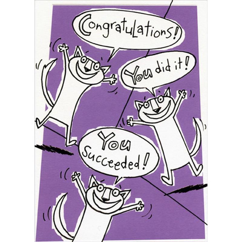 3 Black Outline White Cats on Purple Funny / Humorous Congratulations Card