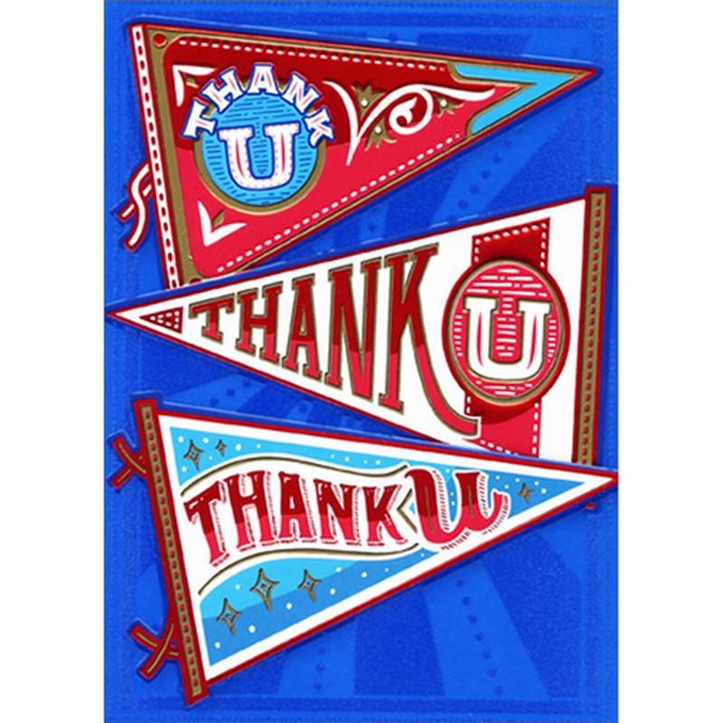 3 Red Foil Pennants on Blue A-Press Thank You Card