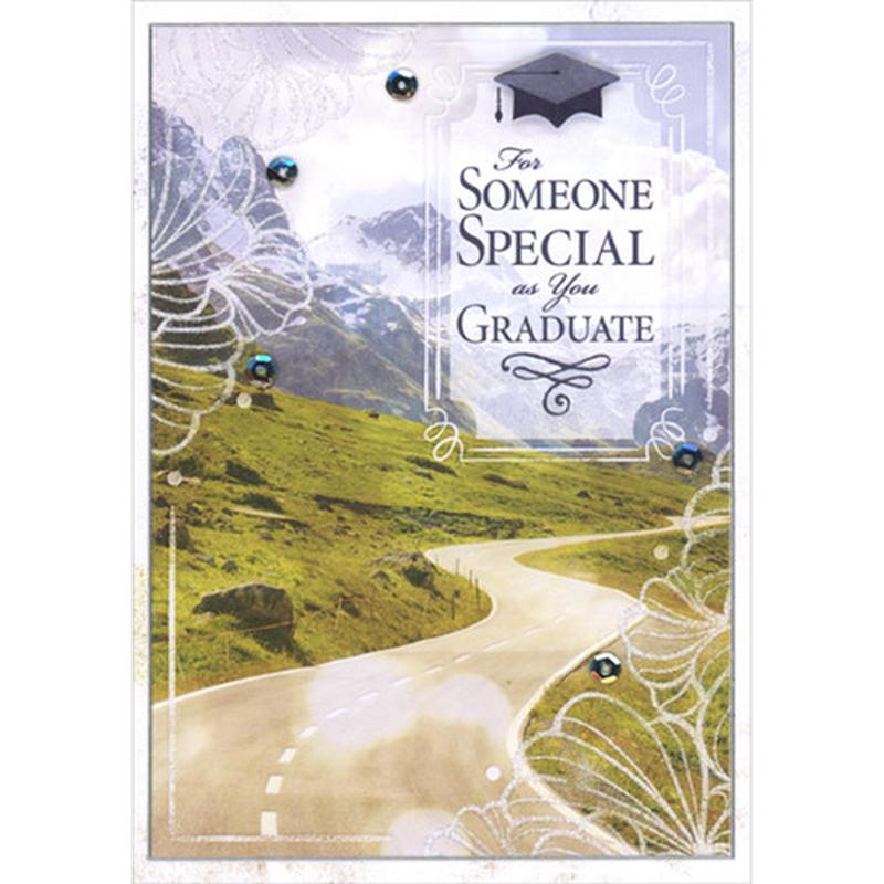 3D Cap and Sequins Over Winding Road Along Green Hills and Snow Covered Mountains Hand Decorated Graduation Congratulations Card