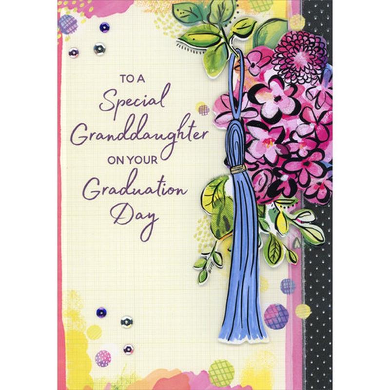 3D Die Cut Blue Tassel Hanging from Pink Flowers, Sequins and White Ribbon Hand Decorated Graduation Congratulations Card for Granddaughter