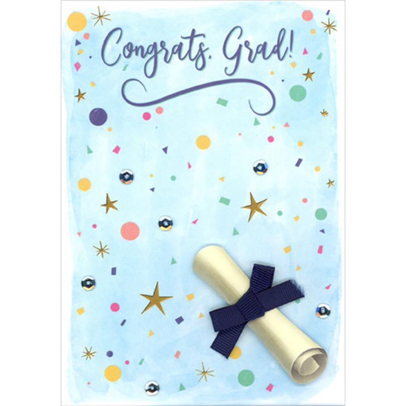 3D Die Cut Rolled Diploma, Blue Ribbon, Sequins, Gold Stars and Confetti on Light Blue Hand Decorated Graduation Congratulations Card for Degree