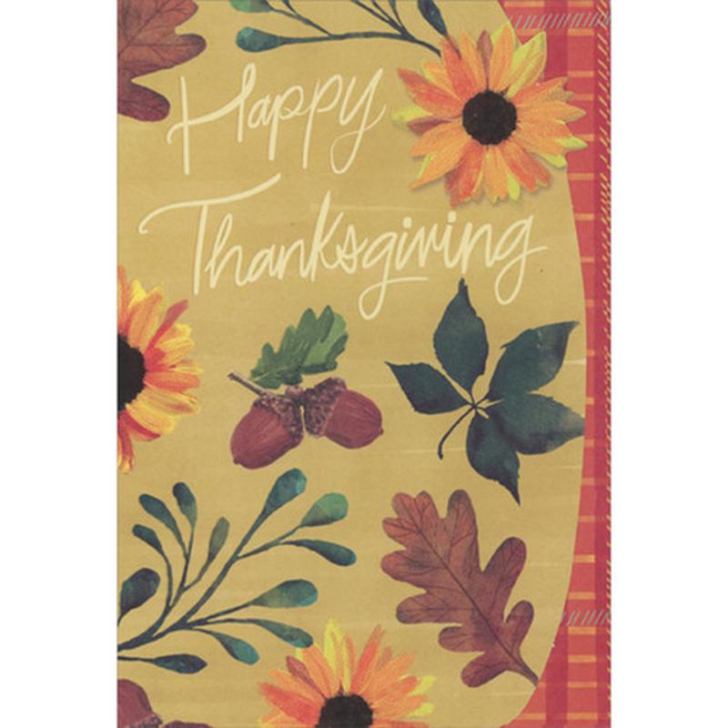 Acorns, Leaves and Sunflowers on Light Brown Package of 8 Deluxe Thanksgiving Cards