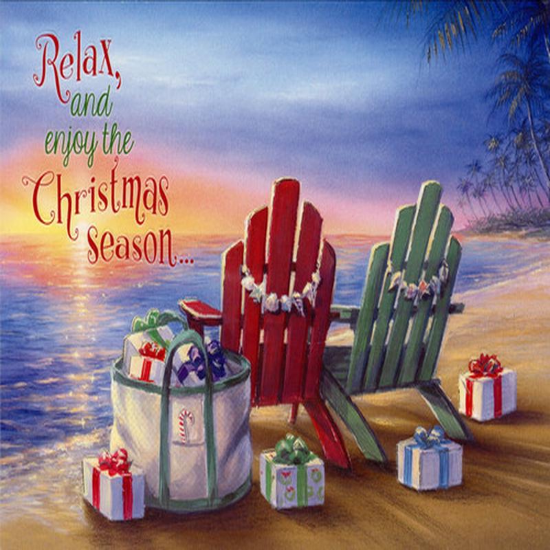Adirondack Chairs and Gifts on Palm Tree Lined Beach Box of 15 Tropical Christmas Cards