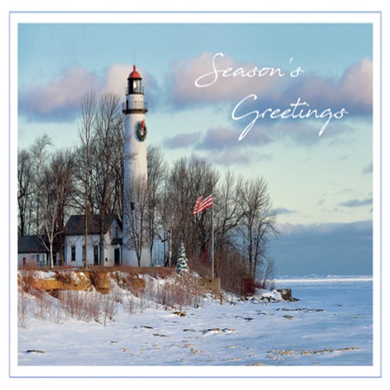 American Flag on Flagpole near Tall Lighthouse on Shore Box of 25 Custom Verse Coastal Holiday Cards