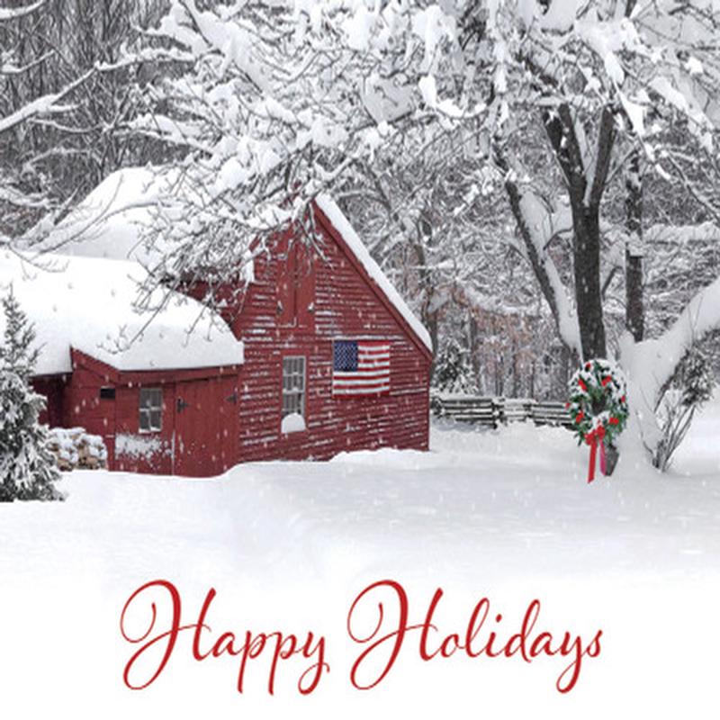 American Flag on Side of Red Farmhouse in Winter Box of 25 Patriotic Holiday Cards