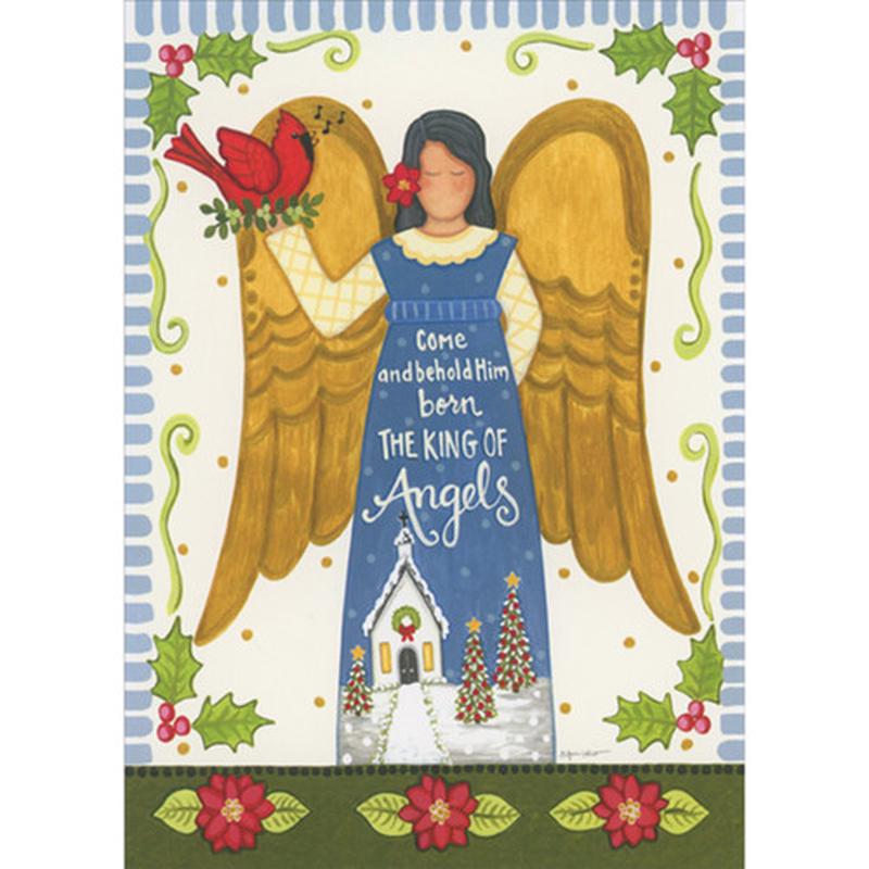 Angel in Blue with Gold Wings Holding Cardinal: Come and Behold Him Box of 18 Religious Christmas Cards