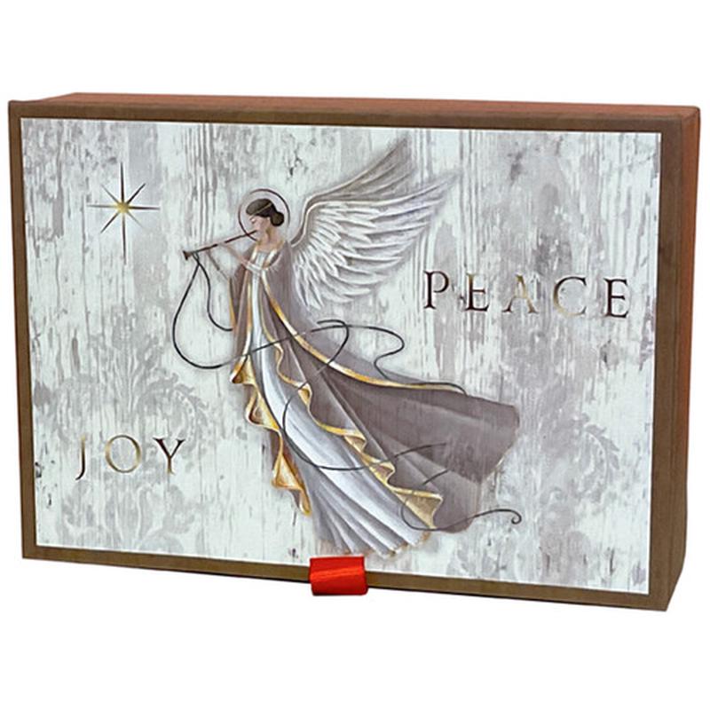 Angel with Gold Trimmed Robe: Peace, Joy, Gold Star Glitter Keepsake Box of 14 Christmas Cards