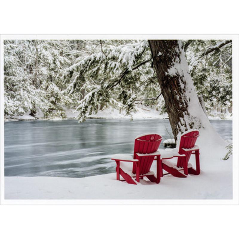 2 Red Adirondack Chairs Along Frozen River Photo Box of 10 Christmas Cards