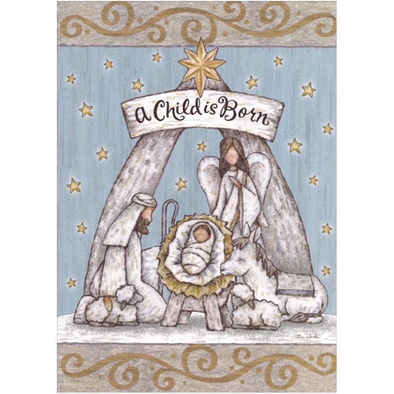 A Child is Born Manger Scene on Light Blue Box of 18 Religious Christmas Cards