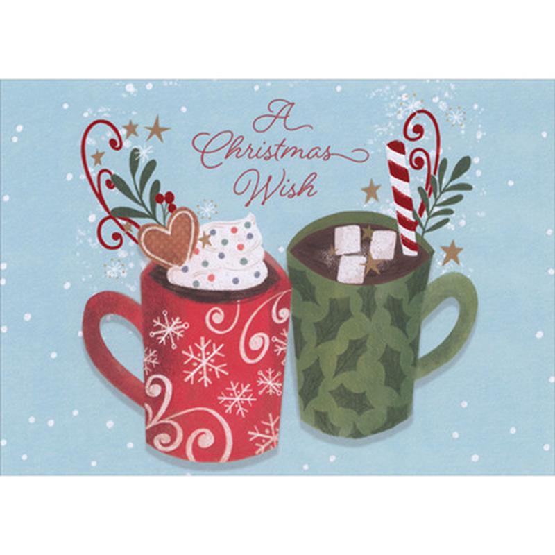 A Christmas Wish: Red and Green Mugs of Hot Chocolate with Marshmallows Box of 15 Christmas Cards