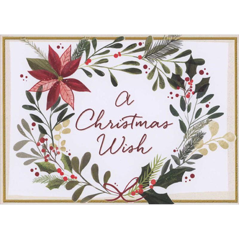 A Christmas Wish: Wreath of Vines, Leaves, Holly and Poinsettia Box of 15 Christmas Cards