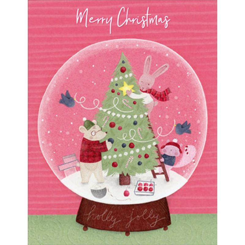 Animals Decorating Tree Inside Snowglobe Box of 18 Christmas Cards