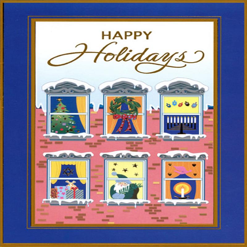 Apartment Windows: Tree, Wreath, Dreidels, Menorah Box of 15 Interfaith Holiday Cards