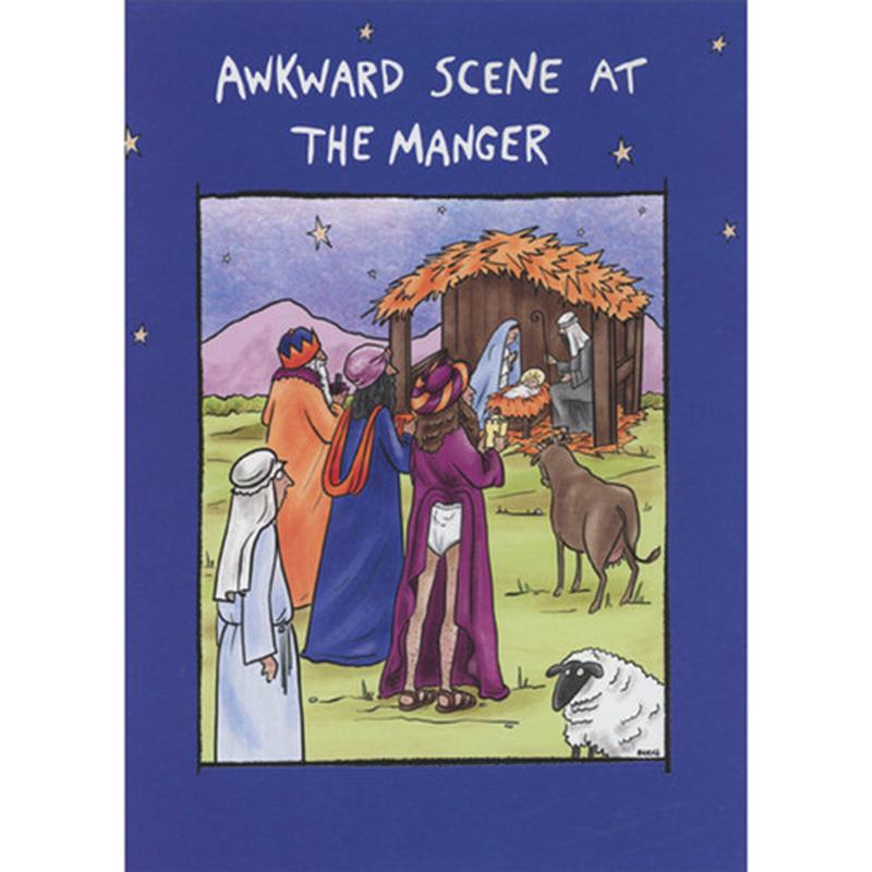 Awkward Scene at Manger: Robe Stuck in Underwear Box of 10 Humorous / Funny Christmas Cards
