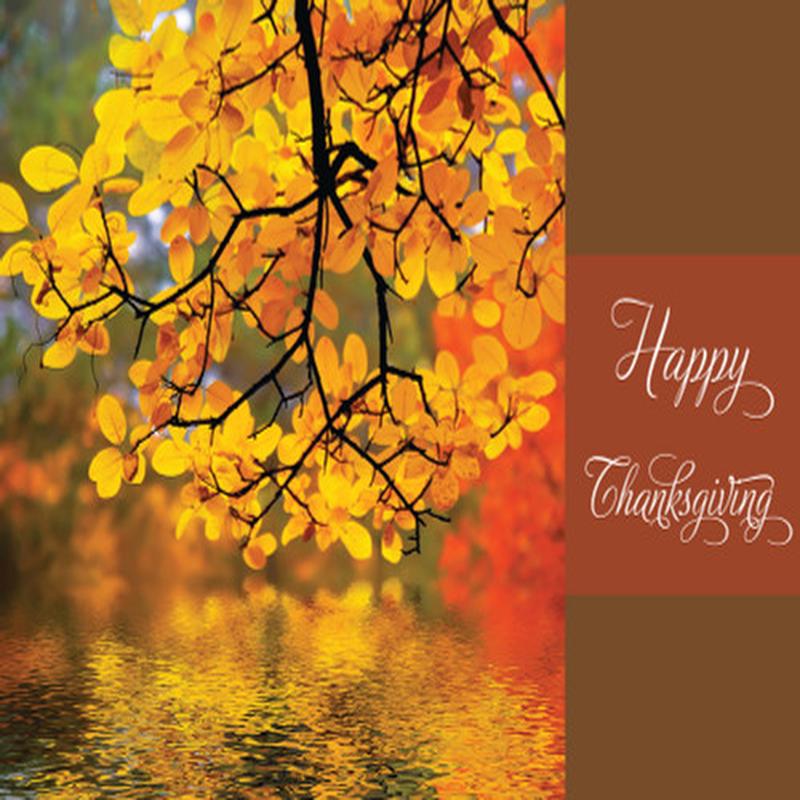 Autumn Reflection: Yellow Leaves Over Rippling Water Box of 25 Custom Verse Thanksgiving Cards