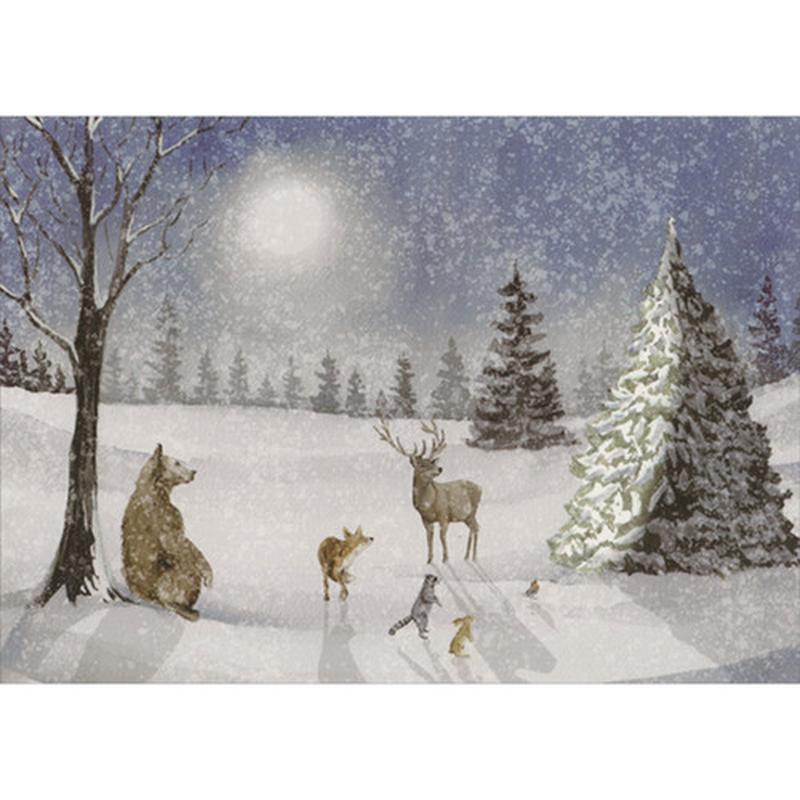 Bear, Fox, Deer and Rabbit in Clearing Between Two Trees Deluxe Glitter Collection Box of 14 Christmas Cards