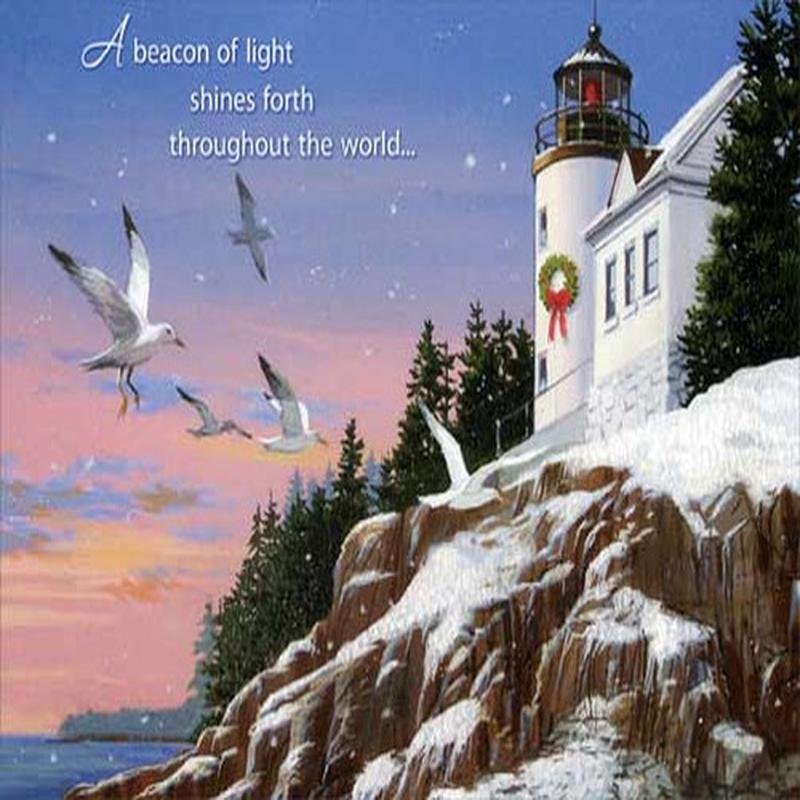 Beacon of Light: Seagulls and White Lighthouse on Rocky Shore Box of 15 Coastal Christmas Cards