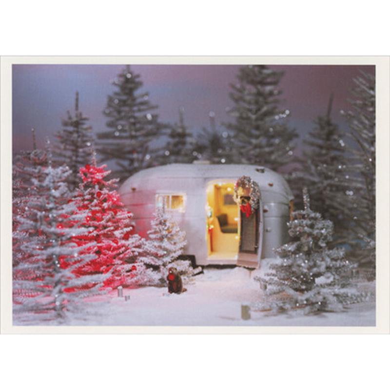Beaver with Red Ornament in Front of Silver Trailer with Open Door Box of 10 Christmas Cards