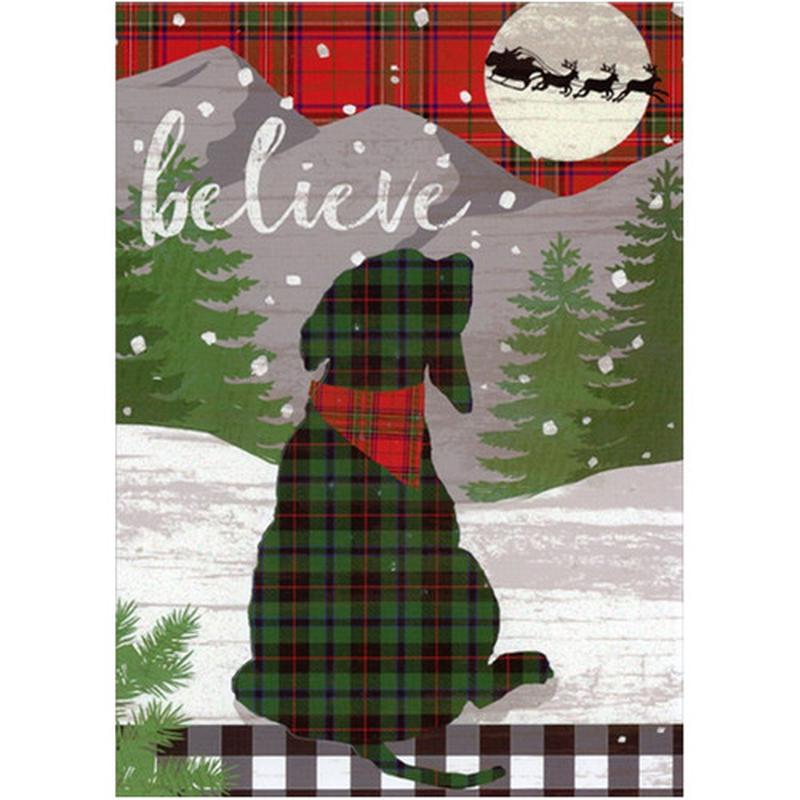 Believe : Green and Red Plaid Dog Die Cut Box of 12 Pop Out 3D Christmas Cards