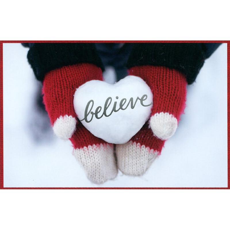 Believe : White Heart Shaped Snowball : Red Mittens Box of 12 Christmas Cards