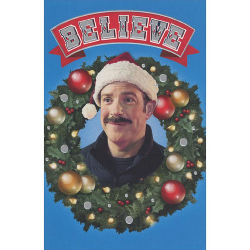 Believe: Ted Lasso in Wreath on Blue Box of 10 Christmas Cards
