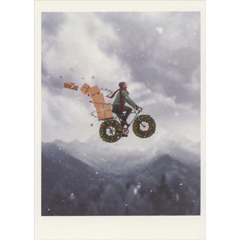 Bicyclist with Stack of Packages on Bike Flying Over Mountains Box of 10 Funny / Humorous Christmas Cards