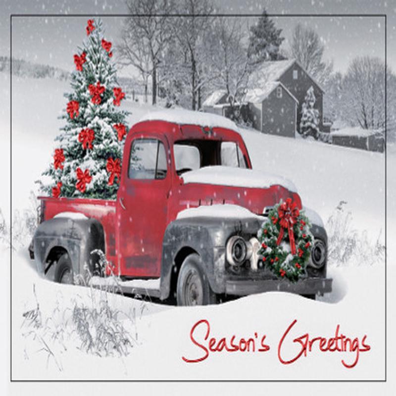 Big Red: Evergreen with Red Bows in Bed of Old Snow Covered Truck Box of 25 Custom Verse Holiday Cards