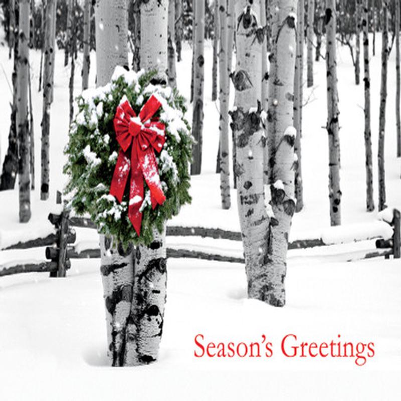 Birch Grove: Red Bow and Wreath on Trees Box of 25 Custom Verse Holiday Cards