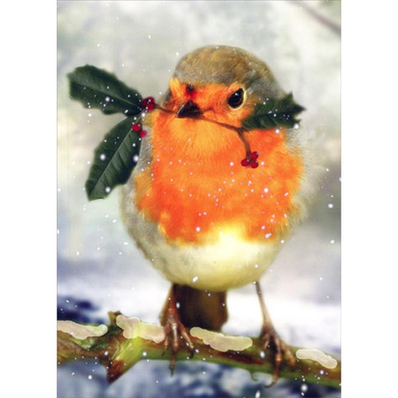Bird Holding Holly Branch in Beak Box of 12 Christmas Cards